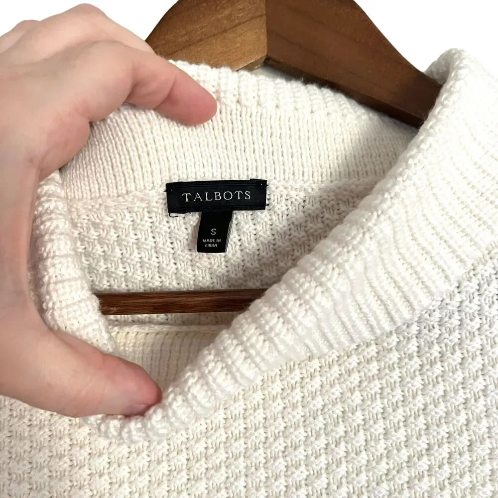 Talbots Turtleneck Tunic Sweater Womens S Ivory Cotton Blend Side Buttons Slits